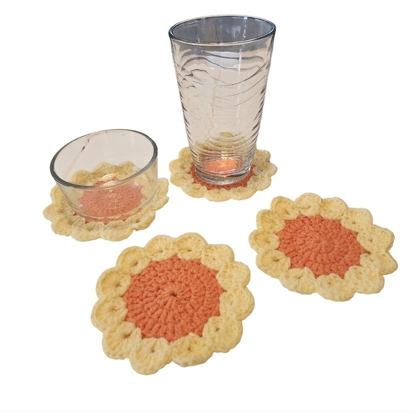 Hand Crafted Crochet Coasters Set of 4pcs Orange yellow flower handmade cup mats - Picture 16 of 17